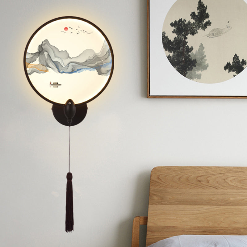 LED Bedroom Wall Mural Light Chinese Style Black Mountain Wall Lighting Fixture with Circular Acrylic Shade