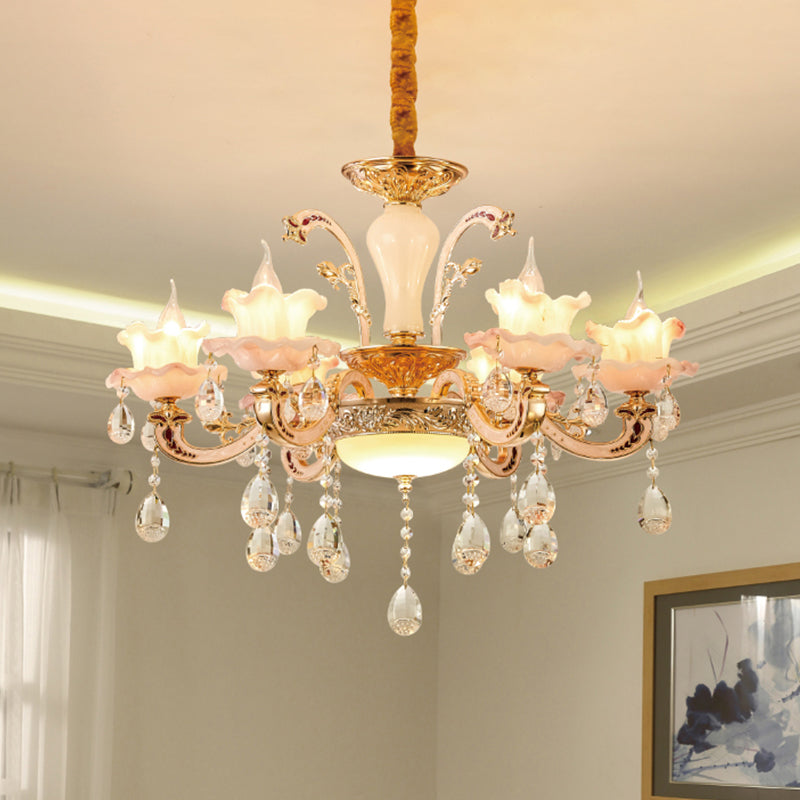 Frosted Glass Ruffle Chandelier Mid Century 6-Light Dining Room Pendant Ceiling Light in Rose Gold