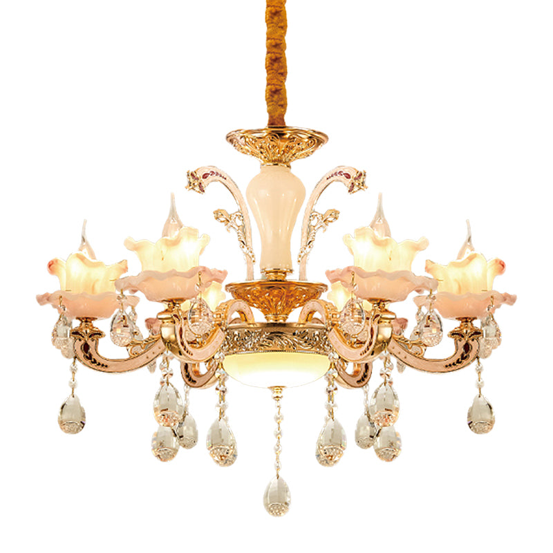 Chandelier à volants en verre givré Mid Century 6-Light Dining Room Pendante Plafond Light in Rose Gold