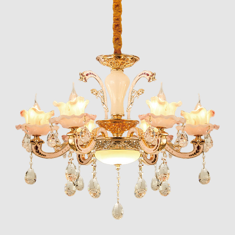 Frosted Glass Ruffle Chandelier Mid Century 6-Light Dining Room Pendant Ceiling Light in Rose Gold
