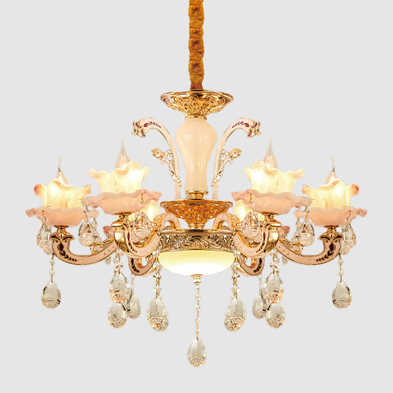 Chandelier à volants en verre givré Mid Century 6-Light Dining Room Pendante Plafond Light in Rose Gold