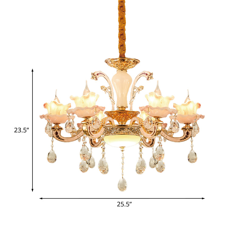 Gerüstertes Glas Rüschenkronleuchter Mitte des Jahrhunderts 6-Licht-Esszimmerheizende Deckenleuchte in Roségold