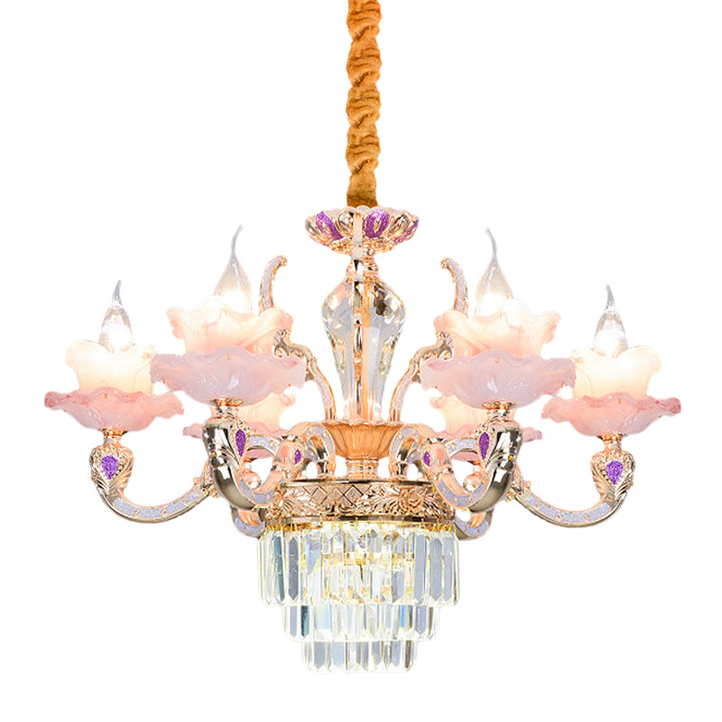 6 luci lampadario a filo in vetro rosa contemporaneo a 2 strati con fondo cristallino a più livelli