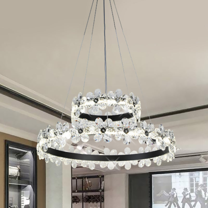 Kit di luce sospesa a cerchio nero a 1/2 livelli Minimalistic Crystal Flower Living Room LED Lampone Illuminazione