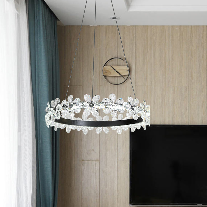 Kit di luce sospesa a cerchio nero a 1/2 livelli Minimalistic Crystal Flower Living Room LED Lampone Illuminazione