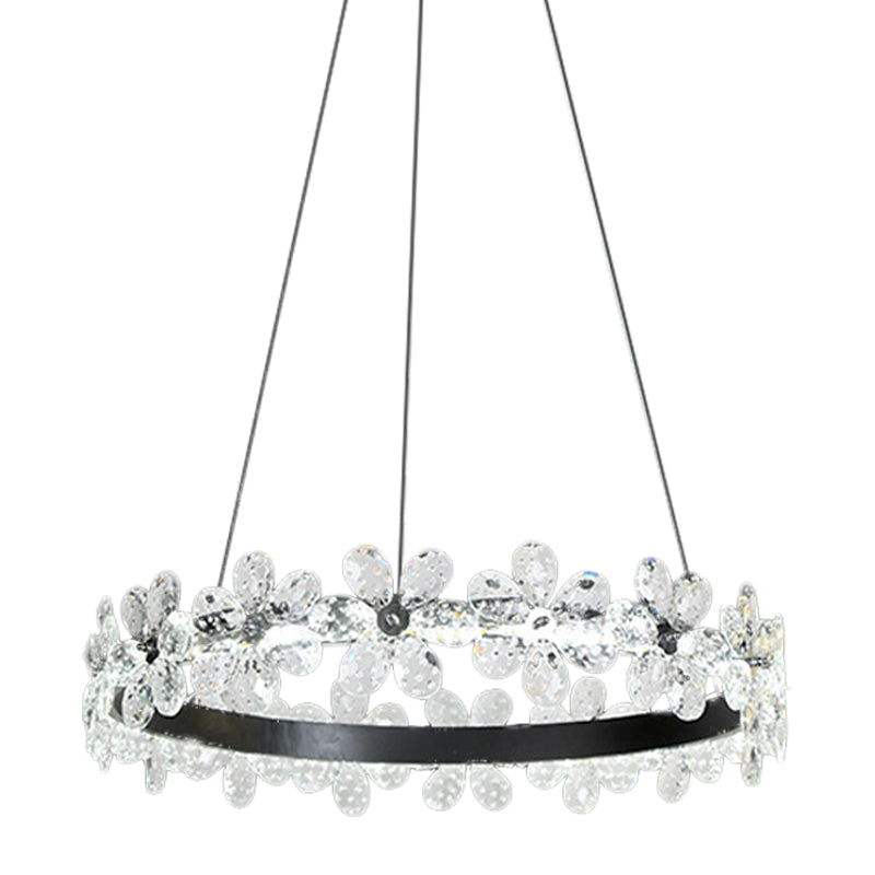 Kit di luce sospesa a cerchio nero a 1/2 livelli Minimalistic Crystal Flower Living Room LED Lampone Illuminazione