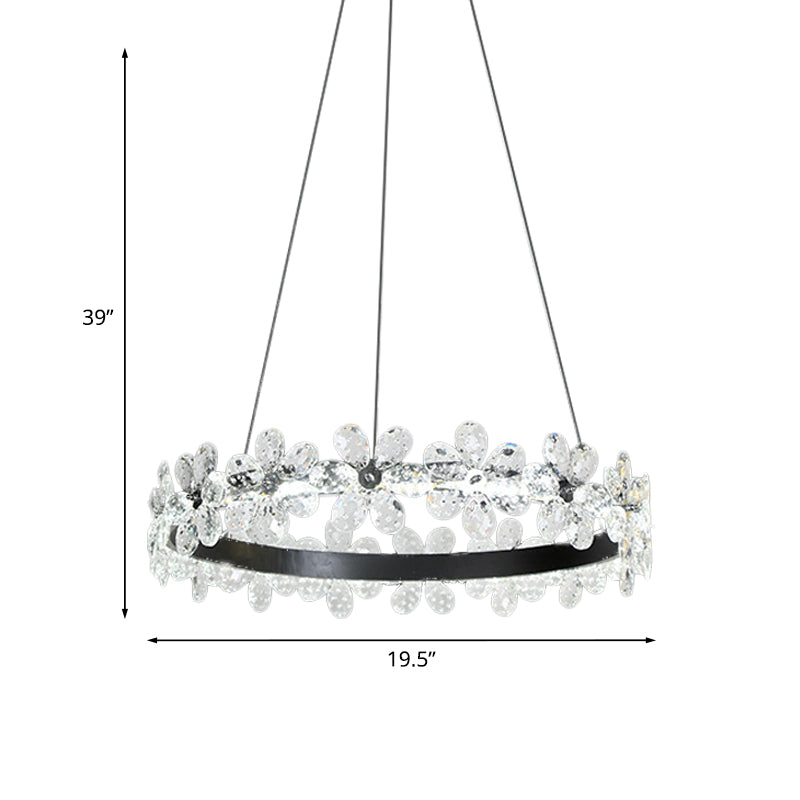 Kit di luce sospesa a cerchio nero a 1/2 livelli Minimalistic Crystal Flower Living Room LED Lampone Illuminazione
