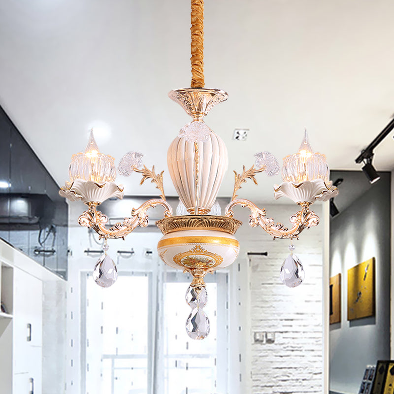 3 bollen plafond kroonluchter postmoderne bloemknoppen kristal hangend licht met keramisch accent, goud