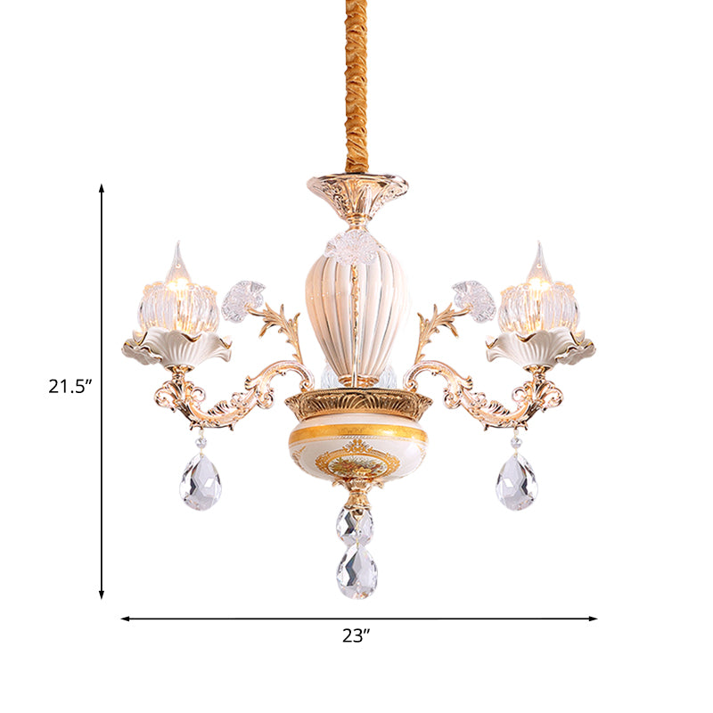 3 Bulbs Ceiling Chandelier Postmodern Flower Buds Crystal Hanging Light with Ceramic Accent, Gold