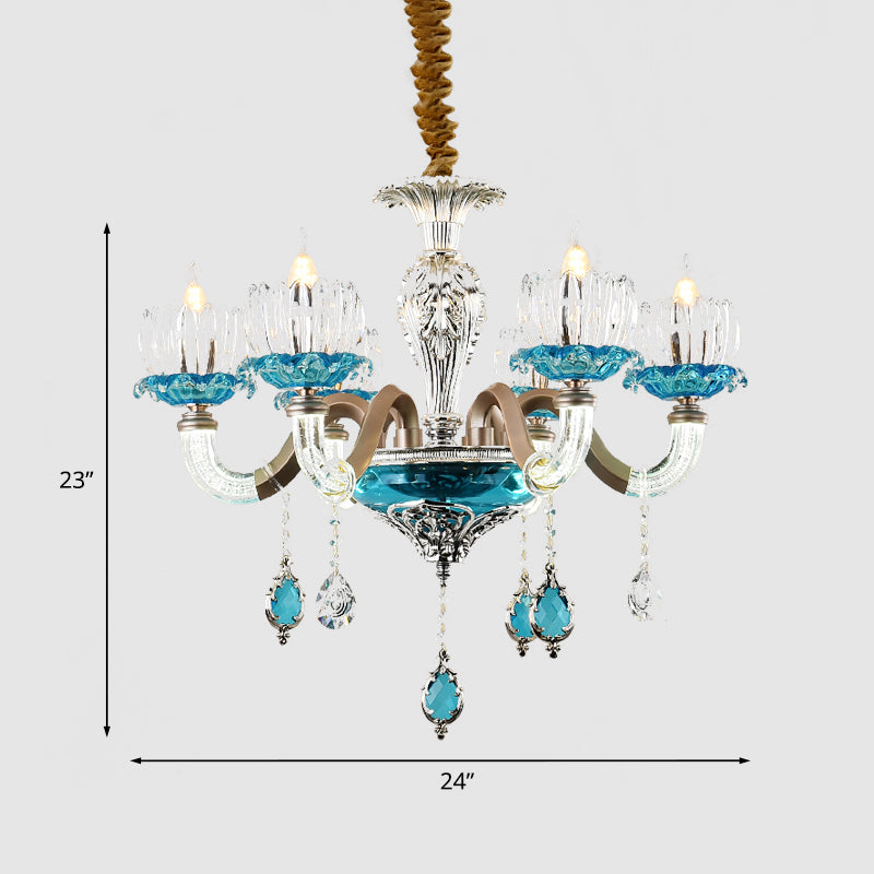 Mid-Century Lotus Buds Chandelier 6 Bulbs Clear and Blue Crystal Suspension Light for Restaurant