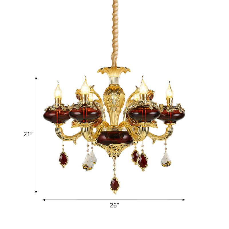 Red Glass Candelabra Chandelier Vintage 6-Head Suspended Lighting Fixture over Dining Table