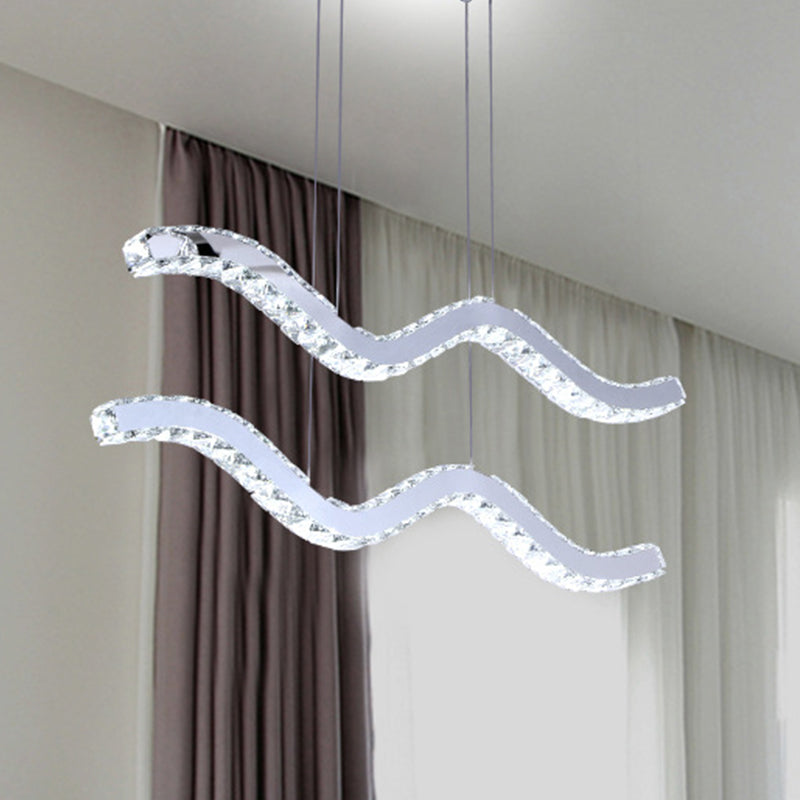Wavy Crystal Strip Island Pendant Minimalistic Office LED Hanging Light Fixture in Stainless Steel