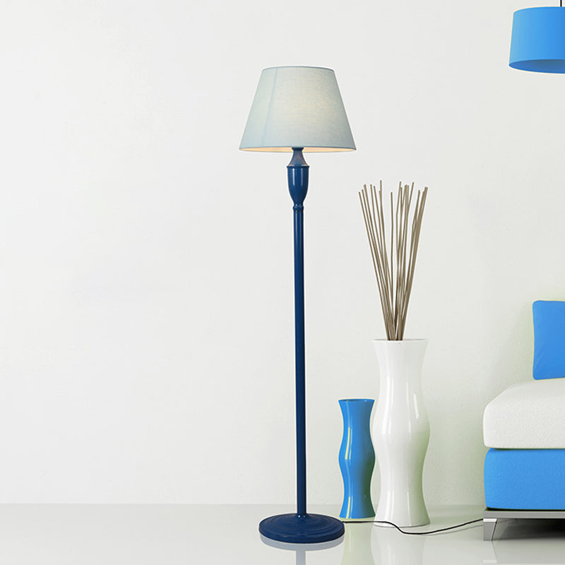 Blue 1 Bulb Floor Standing Lamp Vintage Style Fabric Barrel Shaped Floor Light for Bedroom