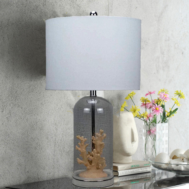 Lámpara de luz de luz de tambor de estilo anticipado tela de noche de 1 luce en blanco con base de vidrio cilíndrico