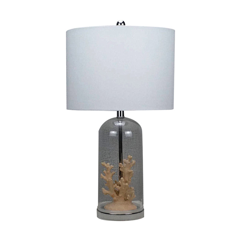 Lámpara de luz de luz de tambor de estilo anticipado tela de noche de 1 luce en blanco con base de vidrio cilíndrico