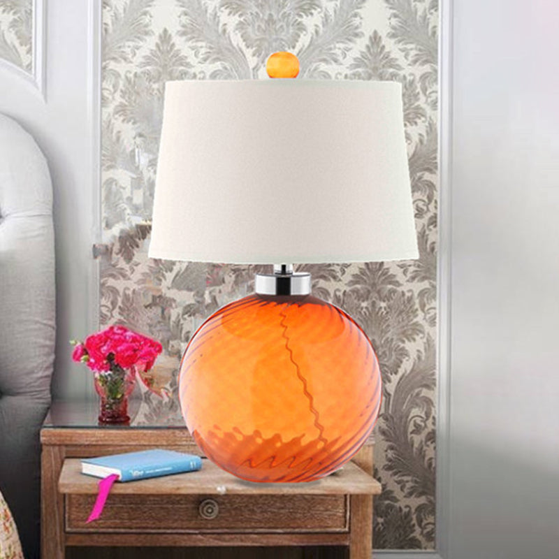 1-Bulb Blown Glass Table Lamp Retro Style Orange Sphere Base Bedroom Table Light with Barrel Fabric Shade