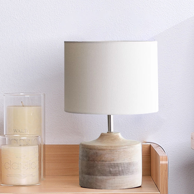 White Drum Shade Nightstand Lamp Retro Style Fabric 1-Bulb Bedside Reading Book Light
