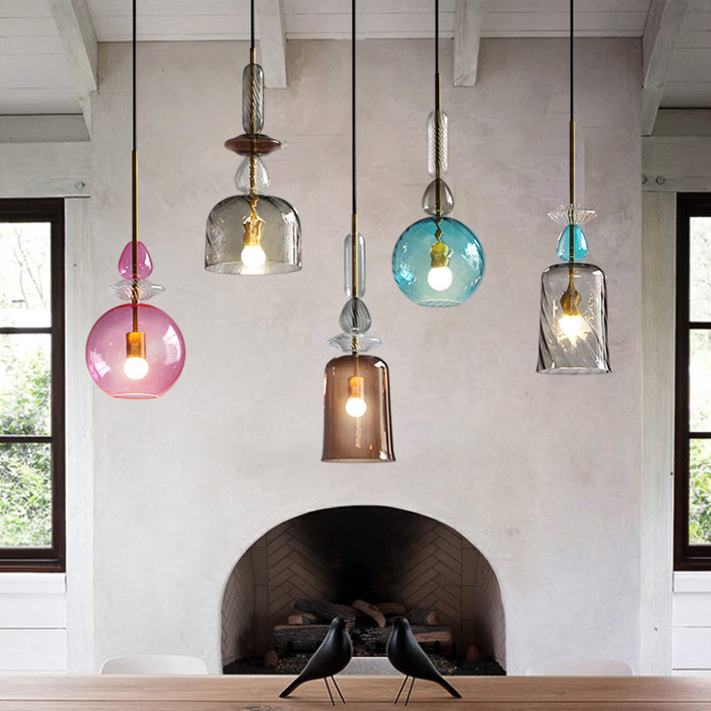 Pink/Blue/Amber Globe/Cylindrical/Dome Suspension Pendant Modernist 1 Light Smooth/Water Glass Hanging Ceiling Light