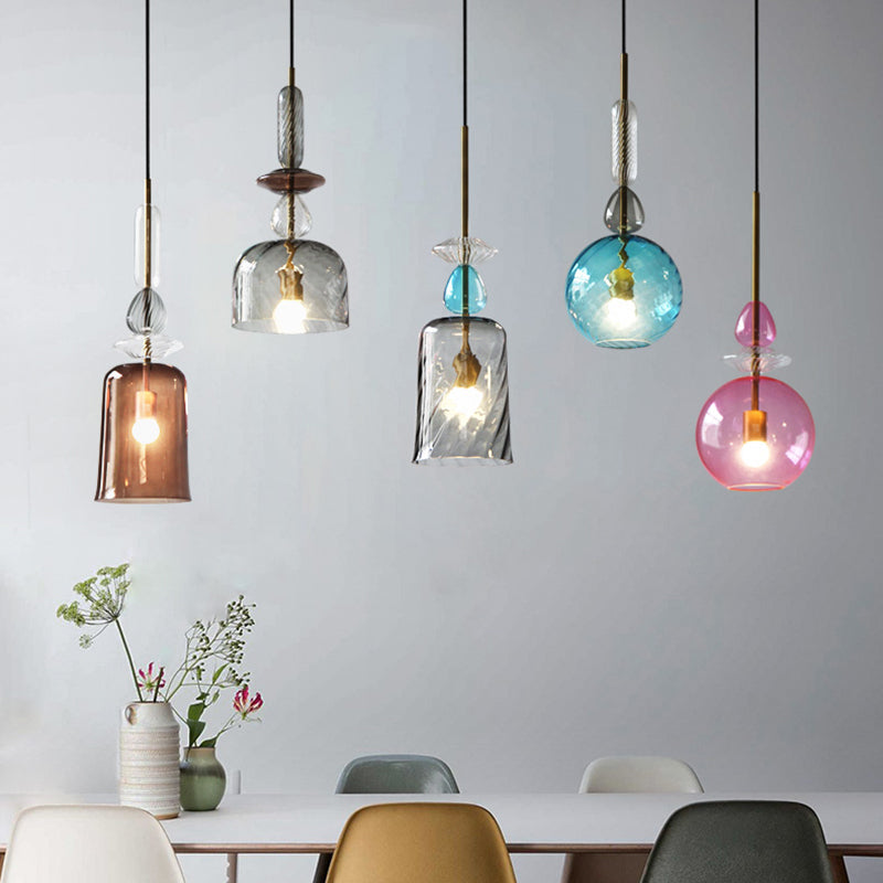 Pink/Blue/Amber Globe/Cylindrical/Dome Suspension Pendant Modernist 1 Light Smooth/Water Glass Hanging Ceiling Light