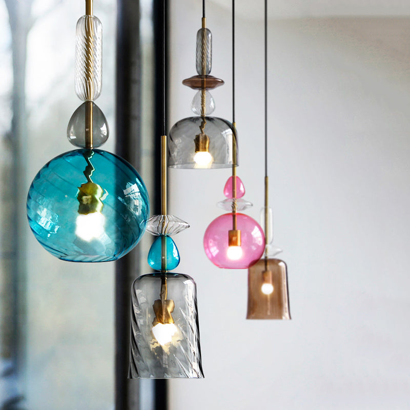 Pink/Blue/Amber Globe/Cylindrical/Dome Suspension Pendant Modernist 1 Light Smooth/Water Glass Hanging Ceiling Light