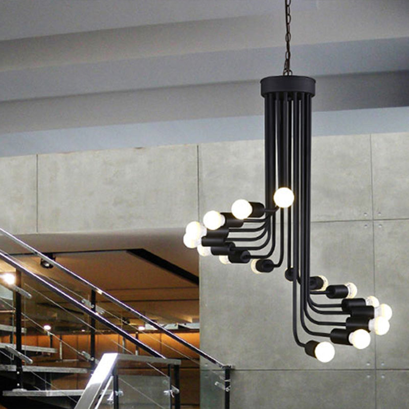 Araña de techo de brazo en ángulo industrial con diseño de espiral hierro 16/26 bulbos colgante de comedor en negro