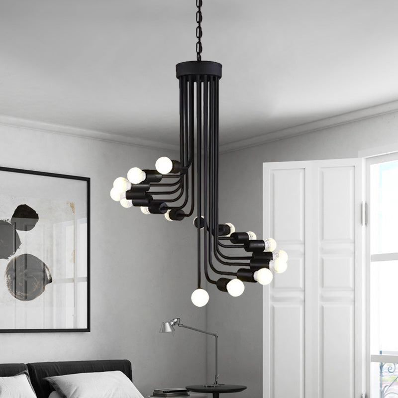 Chandelier de plafond de bras incliné industriel avec design en spirale fer 16/26 Bulbes Pendre de salle à manger en noir
