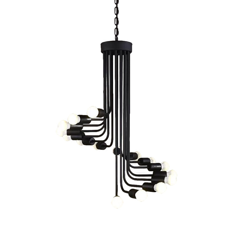 Industrial Angled Arm Ceiling Chandelier with Spiral Design Iron 16/26 Bulbs Dining Room Pendant in Black