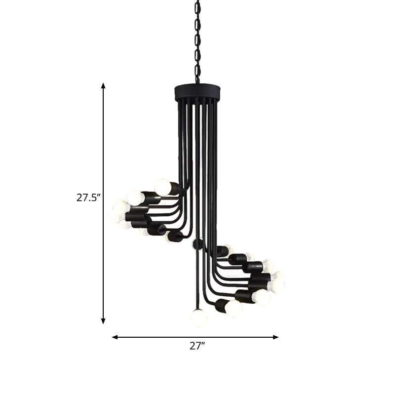 Industrial Angled Arm Ceiling Chandelier with Spiral Design Iron 16/26 Bulbs Dining Room Pendant in Black