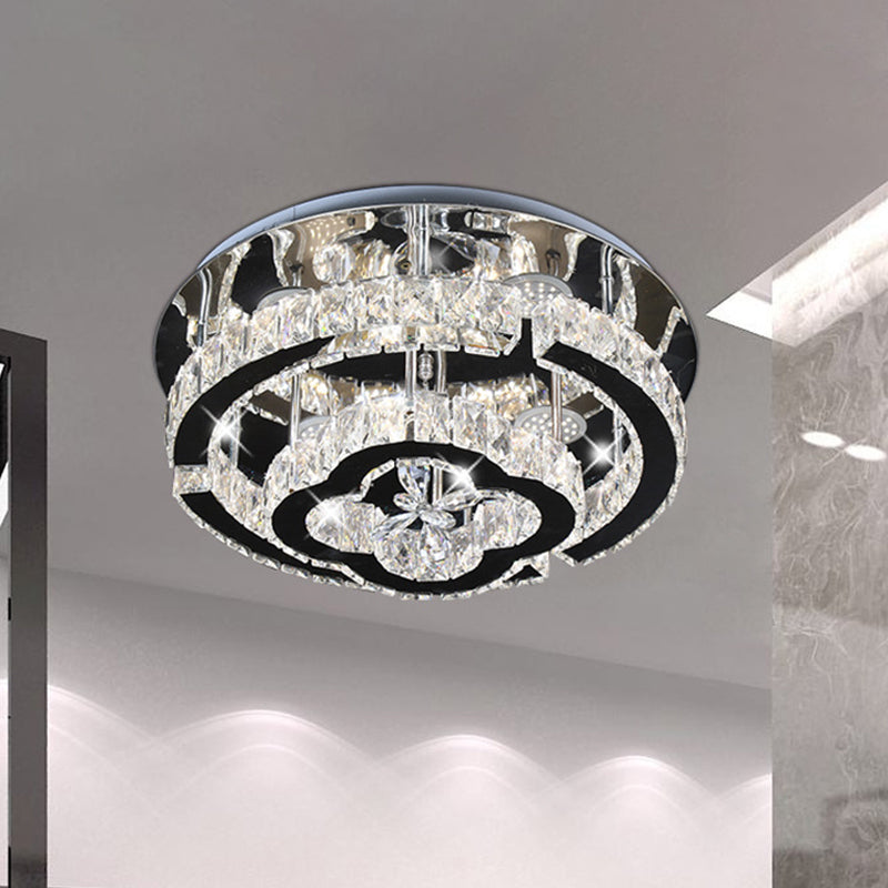 LED Semi Flush Light Fixture Modern Tiered Frame Crystal Embedded Close to Ceiling Lighting in Stainless Steel