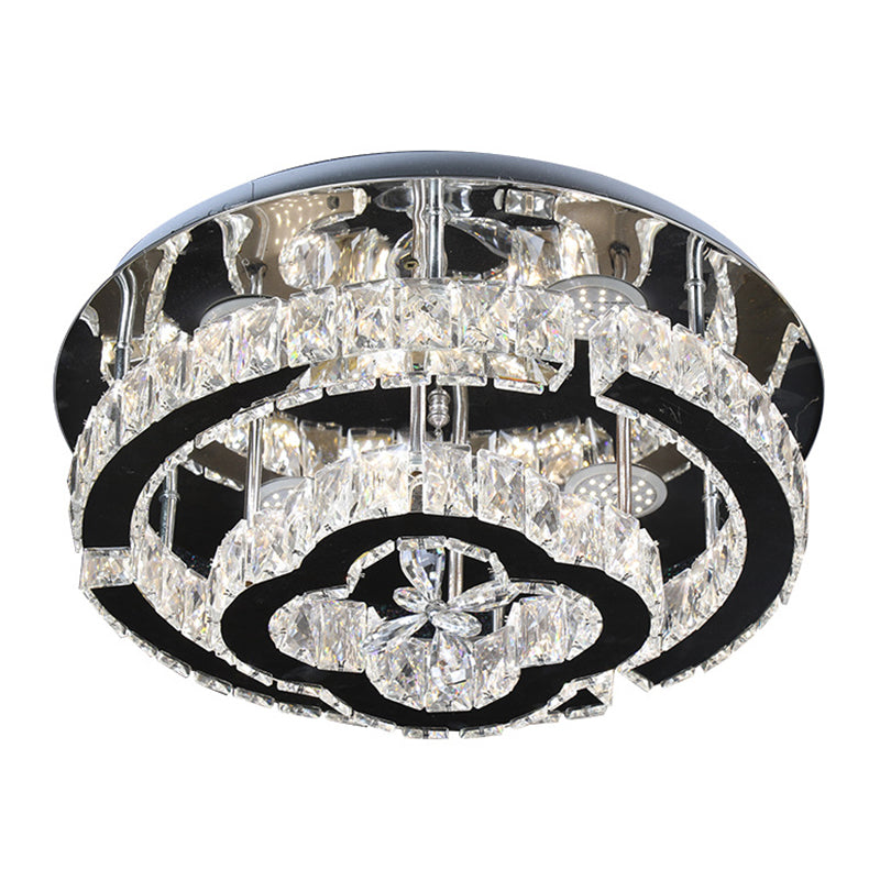 LED Semi Flush Light Fixture Modern Tiered Frame Crystal Embedded Close to Ceiling Lighting in Stainless Steel