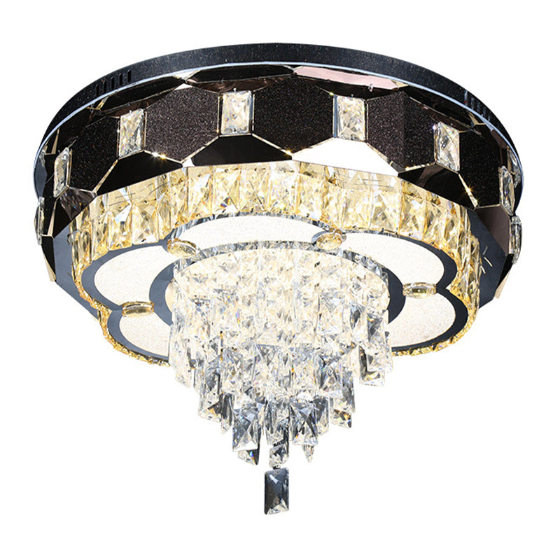 LED Crystal Flush Mount Light Modernism Stainless Steel Tapered Bedroom Ceiling Fixture with Floral Edge