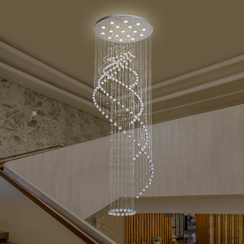 Spiral Lobby Ceiling Pendant Light Modern Cascading Crystal LED Chrome Multi Hanging Light Fixture