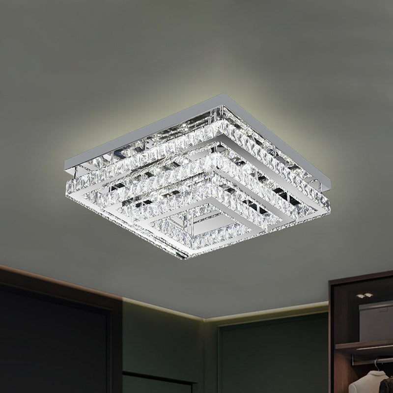 3-Tier Square Crystal Semi Flush Modernism Bedroom LED Close to Ceiling Light in Stainless Steel
