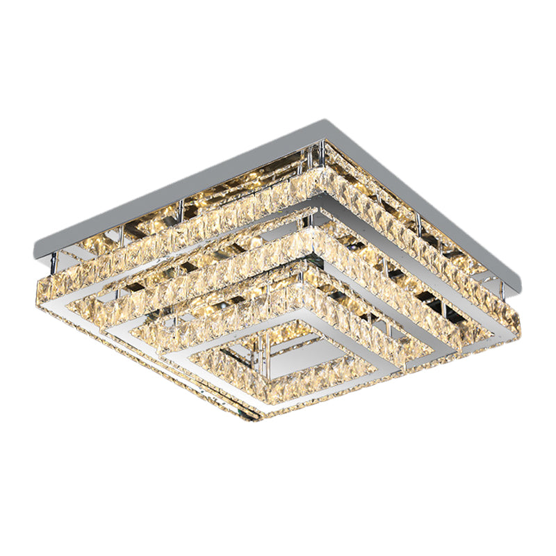 3-Tier Square Crystal Semi Flush Modernism Bedroom LED Close to Ceiling Light in Stainless Steel