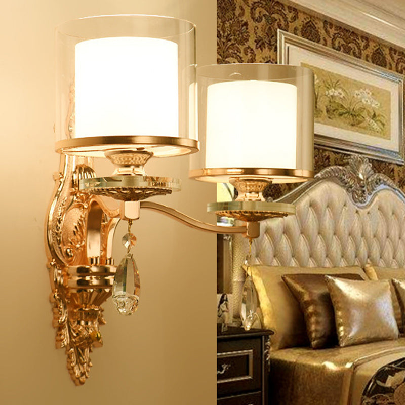 2-Light Wall Sconce Lighting Modern Double Cylinder Clear and Frosted Glass Wall Mounted Lamp in Gold