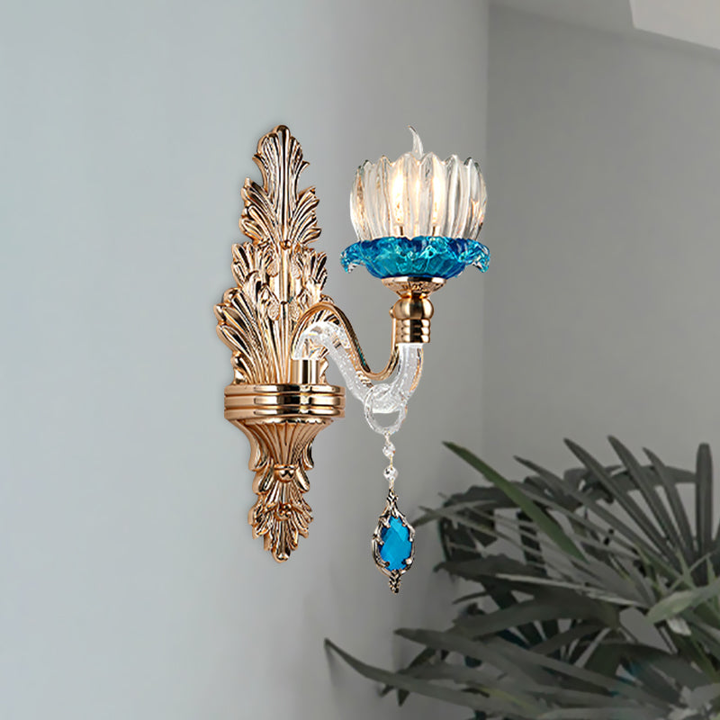 Crystal Flowerbud Wall Light Fixture Antique 1-Light Living Room Wall Mount Lighting in Blue