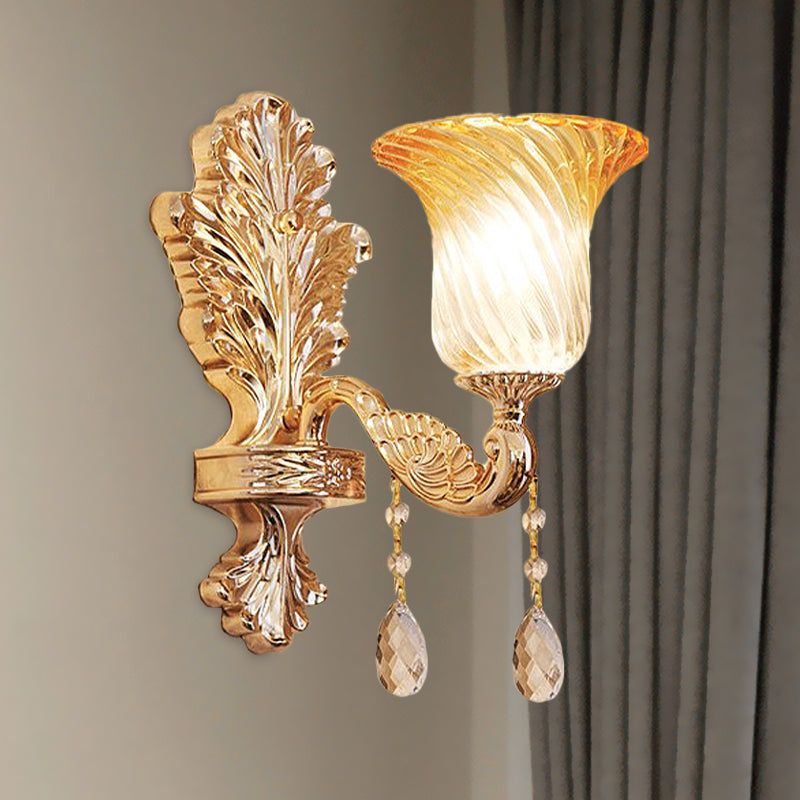 Fading Twisted Glass Flared Sconce Traditional Single-Bulb Bedroom Wall Mounted Lighting in Gold