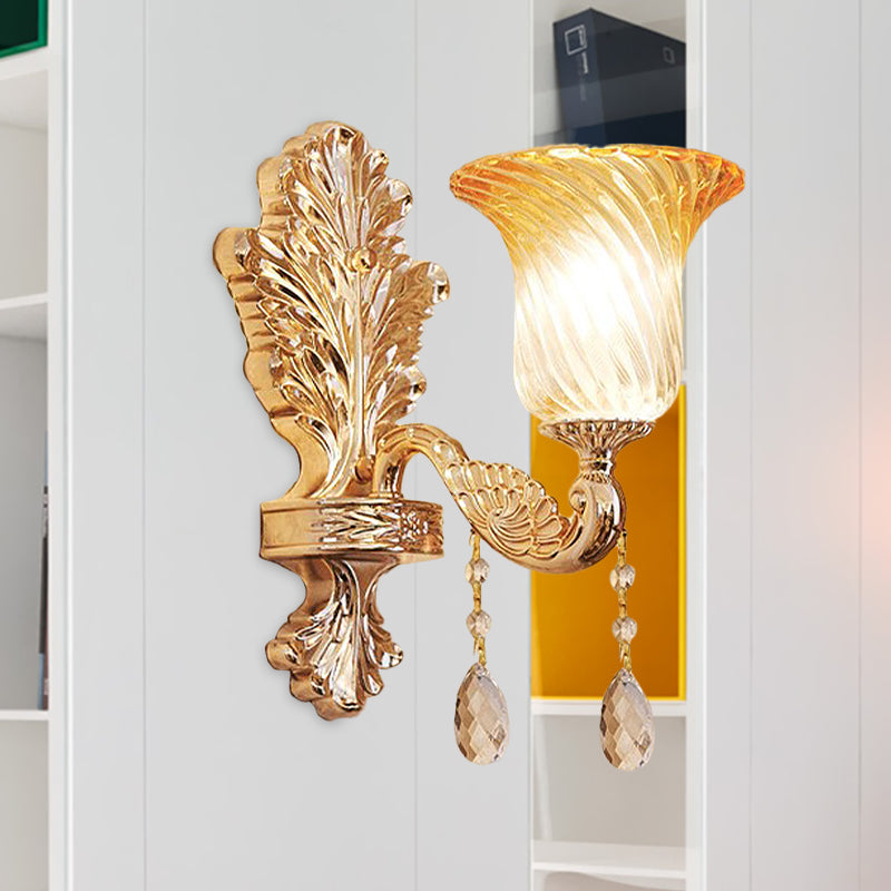 Fading Twisted Glass Flared Sconce Traditional Single-Bulb Bedroom Wall Mounted Lighting in Gold