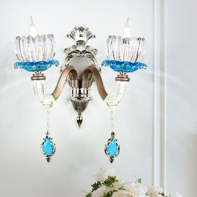1/2-Head Lotus Wall Light Fixture Retro Blue and Clear Glass Sconce Lighting for Dining Room