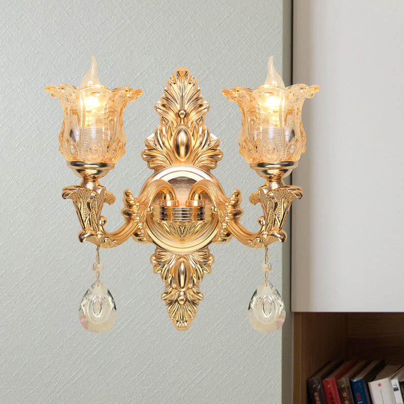 Bellflower Amber Glass Wall Lamp Kit Antique 2 Lights Living Room Sconce Light Fixture in Gold