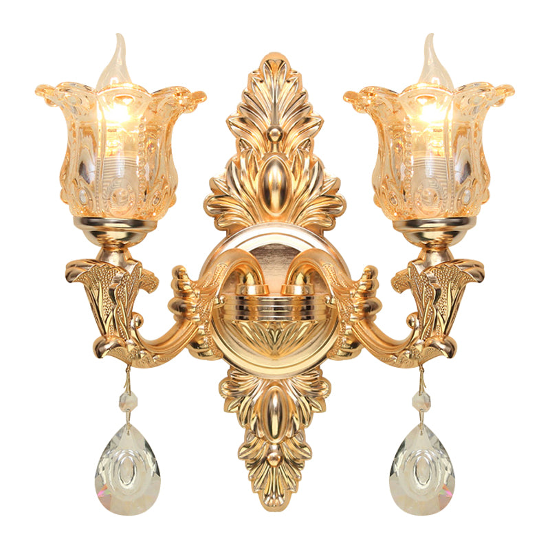 Bellflower Amber Glass Wall Lamp Kit Antique 2 Lights Living Room Sconce Light Fixture in Gold