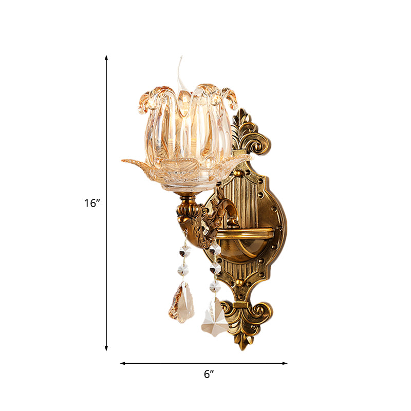 Antiqued Brass 1/2-Light Sconce Light Traditional Crystal Flower Wall Mount Lamp for Hall