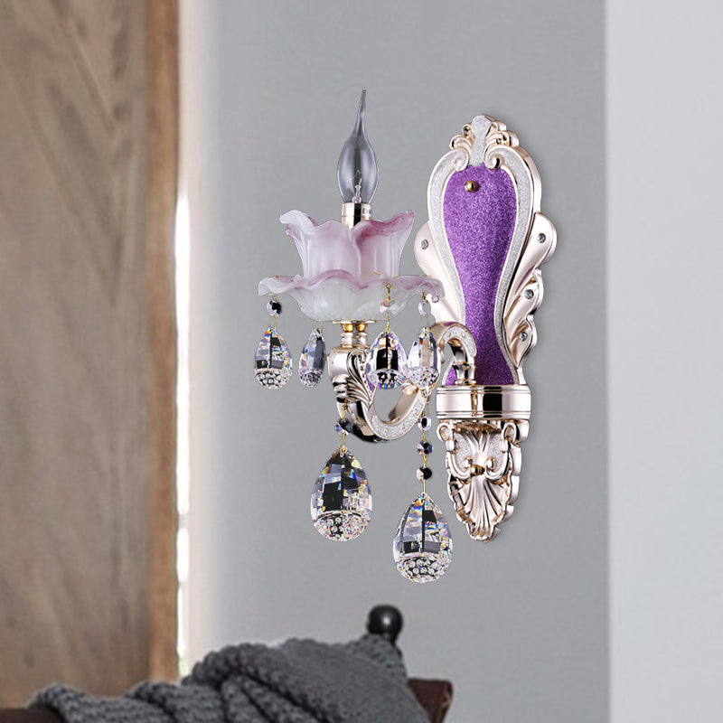 Frosted Glass Purple Wall Lighting Ruffle 1/2-Bulb Modern Style Wall Sconce Light with Teardrop Crystal Drops