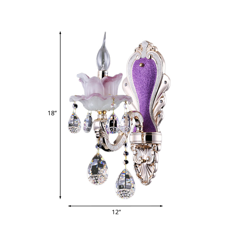 Frosted Glass Purple Wall Lighting Ruffle 1/2-Bulb Modern Style Wall Sconce Light with Teardrop Crystal Drops
