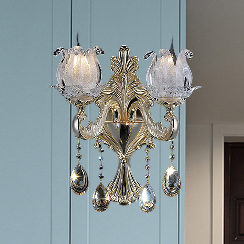 1/2-Light Frosted Glass Sconce Traditional Gold Semi-Open Flower Living Room Wall Mounted Light