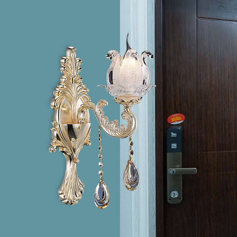 1/2-Light Frosted Glass Sconce Traditional Gold Semi-Open Flower Living Room Wall Mounted Light