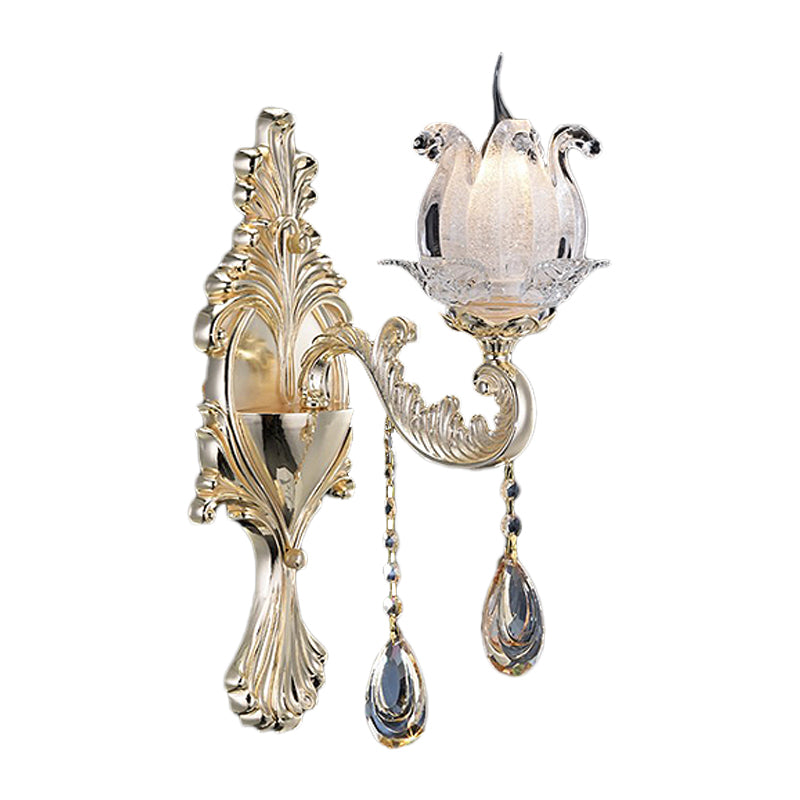 1/2-Light Frosted Glass Sconce Traditional Gold Semi-Open Flower Living Room Wall Mounted Light