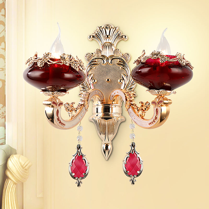 Retro Flameless Candle Wall Lamp 2-Head Burgundy Glass Sconce Lighting Fixture for Dining Room
