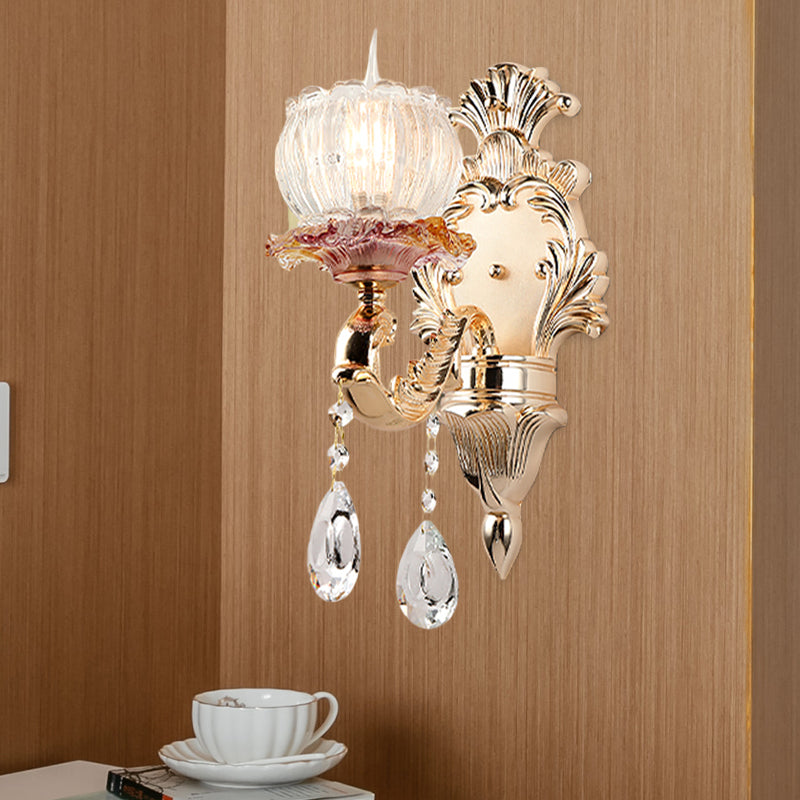 Scalloped Dome Bedside Wall Light Postmodern Crystal 1 Head Gold Wall Sconce Light