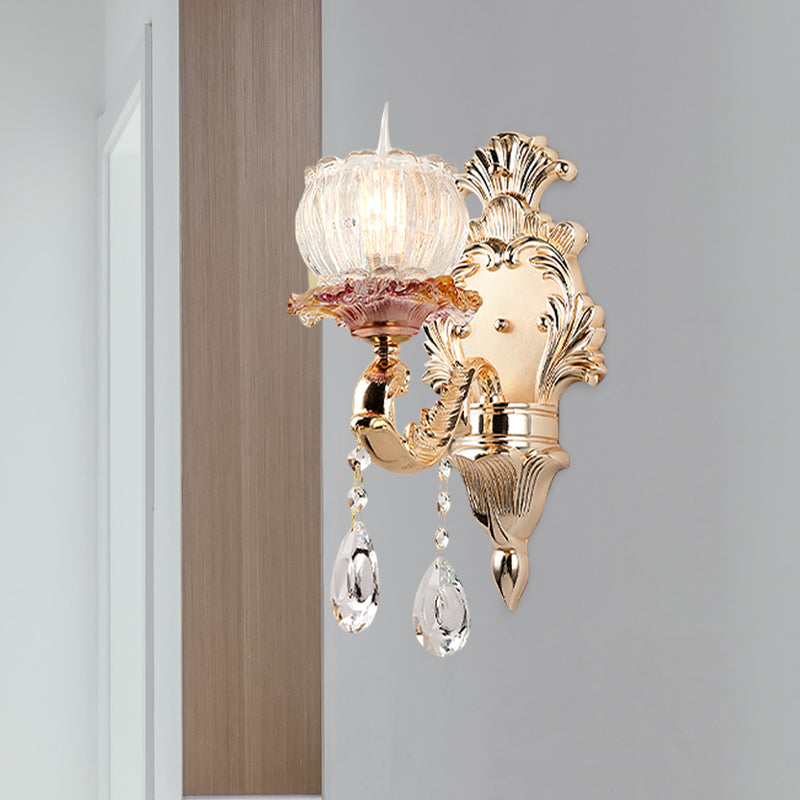Scalloped Dome Bedside Wall Light Postmodern Crystal 1 Head Gold Wall Sconce Light